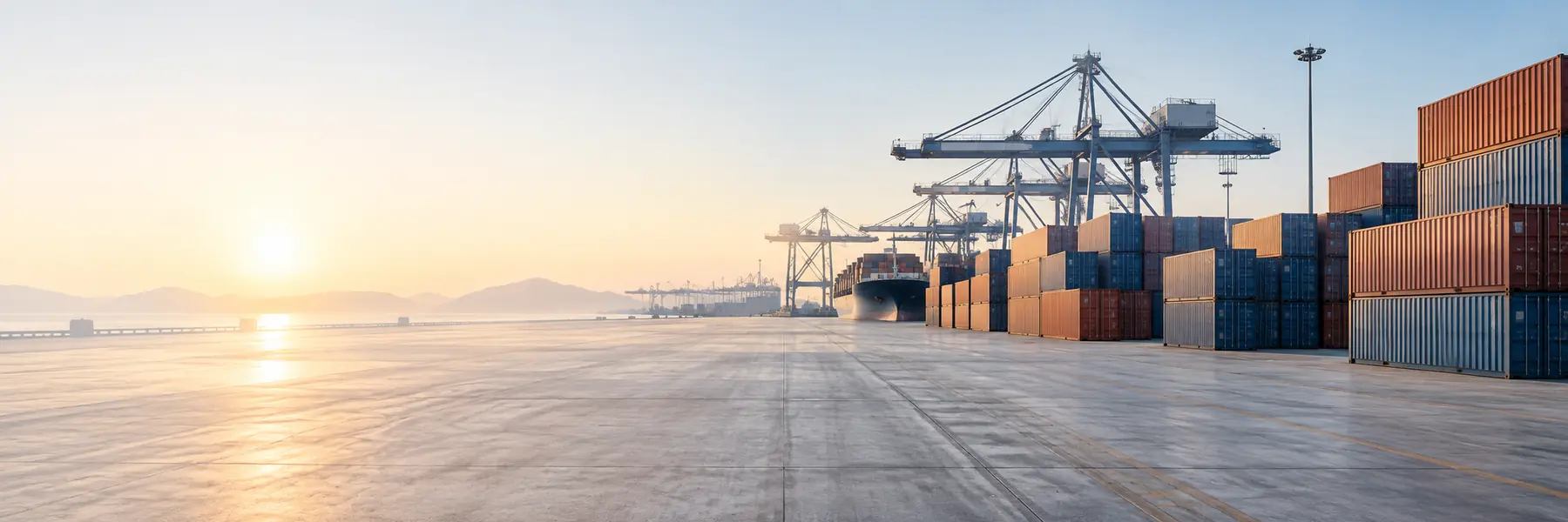 Illustrative shipping container terminal at dawn