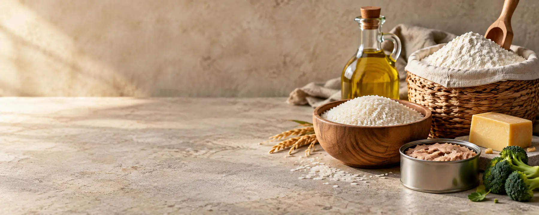 Illustrative assortment of flour, grains, oil, cheese and canned food