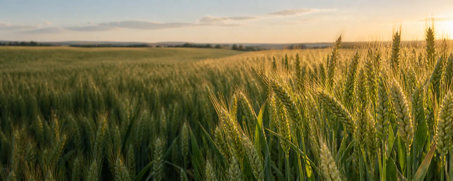 Sunlit green and golden wheat in an open field