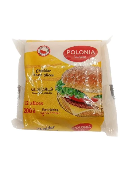 POLONIA Cheddar Taste Slices in a 200 g retail pack of 12 slices