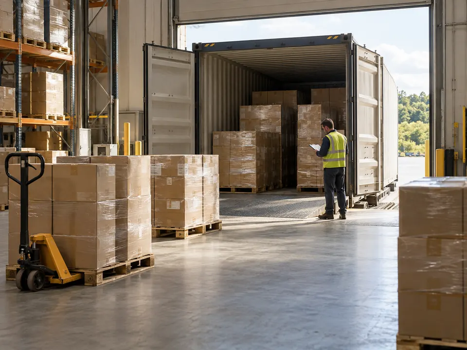 Illustrative warehouse loading bay with palletized cartons and a shipping container