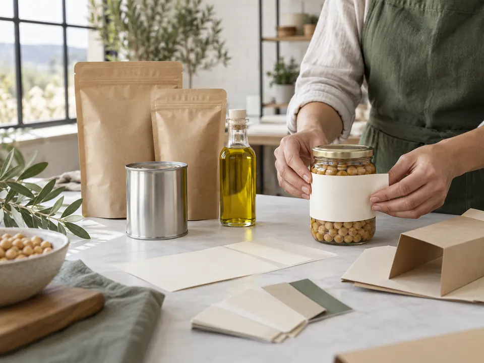 Illustrative packaging development with plain jars, pouches and label samples